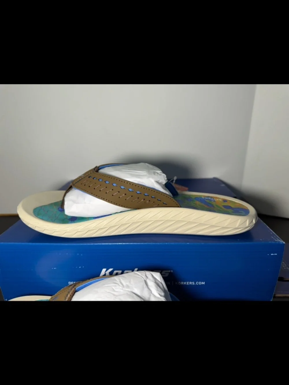 Korkers Fish Flip Dorado Sandals Flip Flops Blue/Green/Yellow Mens 10